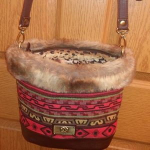 Sharif Tapestry, Leather and Faux Fur Crossbody